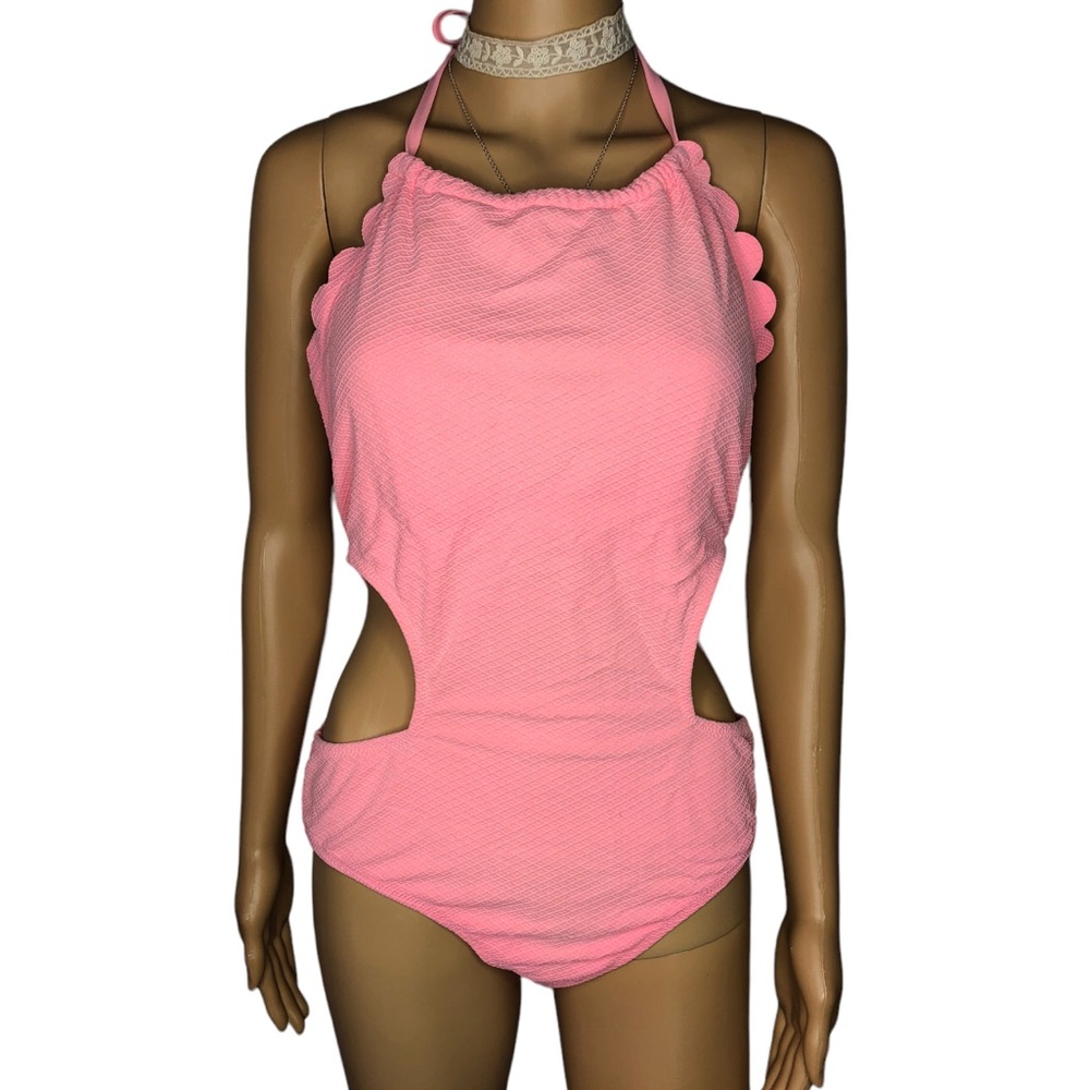 Jessica Simpson Pink Lemonade One Piece Cut Out Halter Tie Swimsuit